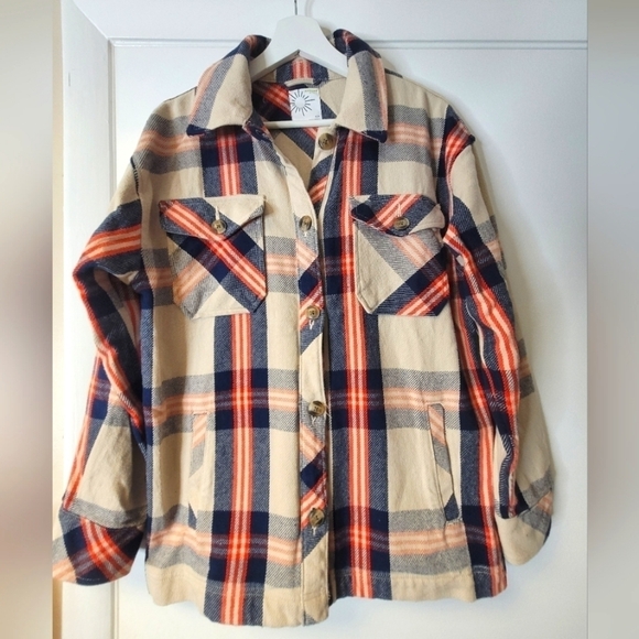 AERIE OFFLINE Flannel Button Down Jacket Shacket In Soft Oat Navy Orange Size XS - Picture 2 of 16